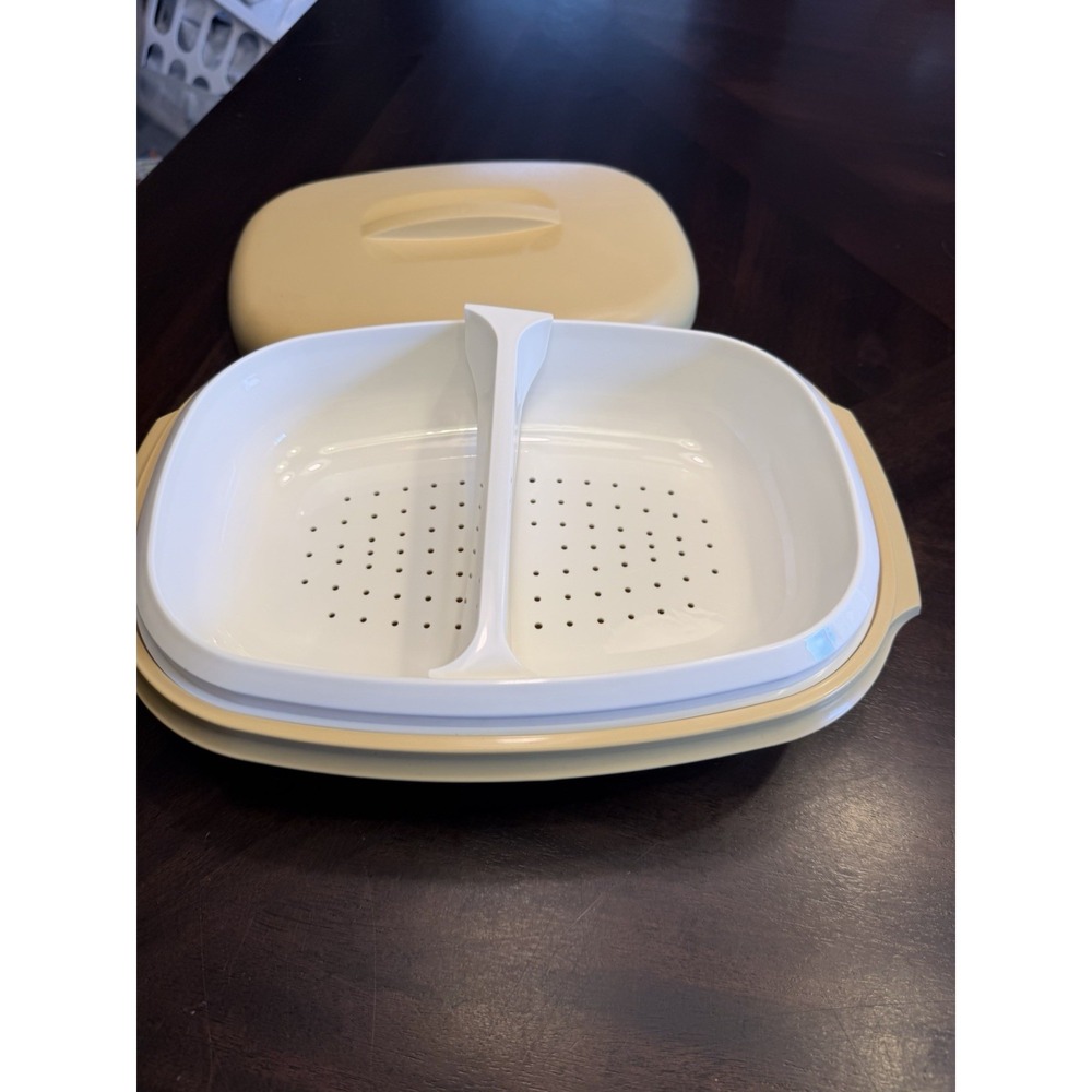 Vintage Tupperware Three-Piece Harvest Gold Microwave Vegetable Steamer 1273